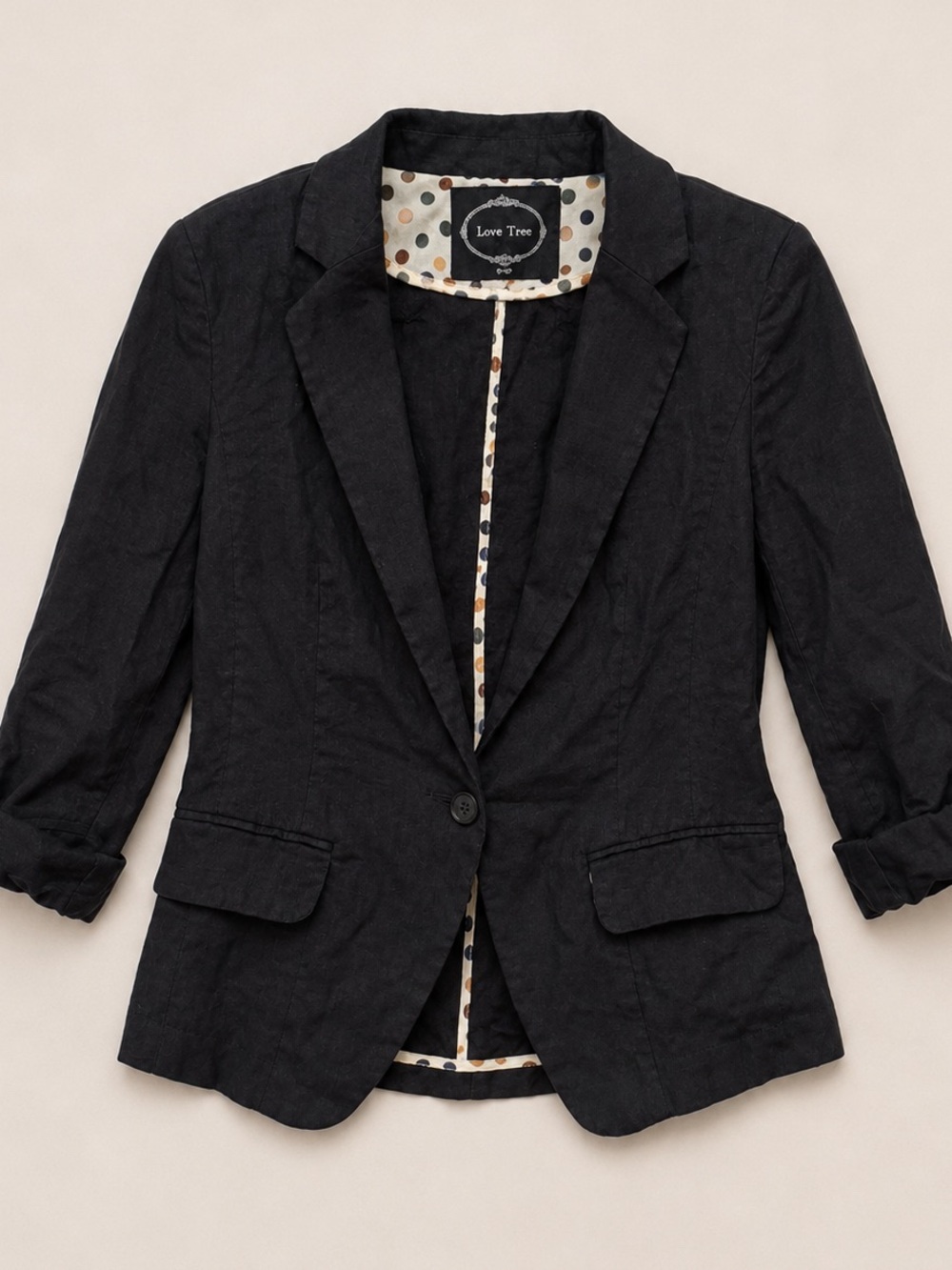 Love Tree Black Tailored Single-Button Blazer with Polka Dot Trim